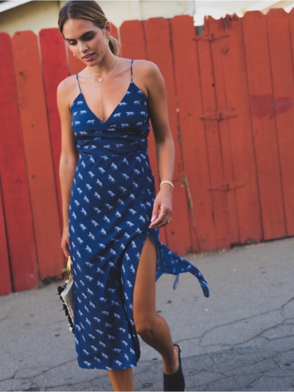 Cleobella Revel Slip Dress Navy V Neck and Back Midi Tiger Goddess Size XSmall